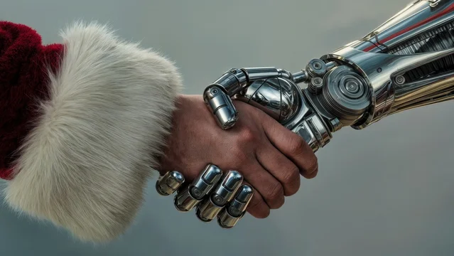 Human and robot hands joining together in festive spirit