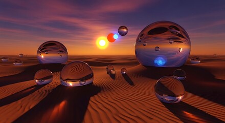 Surreal Desert Sunset with Reflective Spheres and Vibrant Sky.