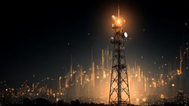 Abstract telecommunications tower in urban nightscape with glowing lights and data visualization elements representing digital connectivity and technology growth