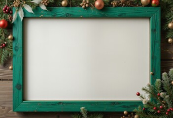 Gr&uuml;ner Holzrahmen mit weihnachtlicher Dekoration aus Tannenzweigen und roten Blumen als festliches Mockup Generative KI