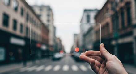 Hand holding transparent screen over blurred city street