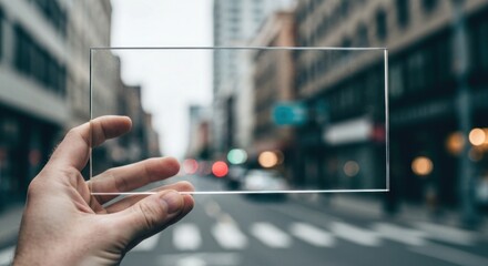 Hand holds transparent screen over blurred urban street scene