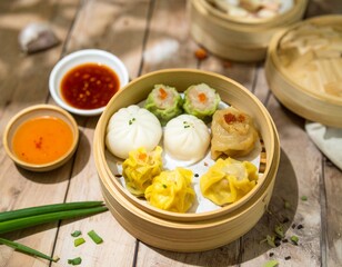shot of assorted dimsum in bamboo steamer