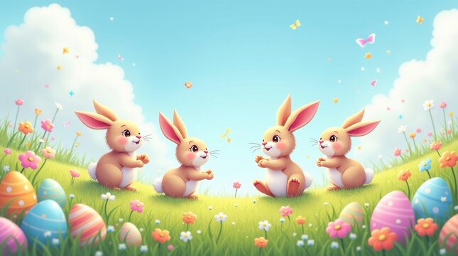 Adorable bunnies celebrating Easter with colorful eggs and spring flowers under a beautiful blue sky, perfect for holiday cheer