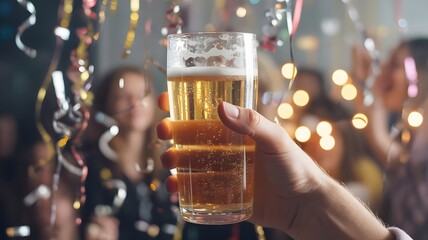 Festive Cheers – Hand Holding Frosty Beer Glass with Golden Bubbles and New Year Confetti