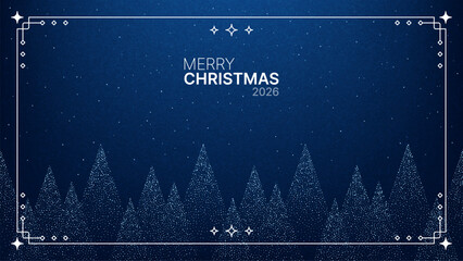 Blue Merry Christmas 2026 vector background with stylized forest, sparkly dots, and decorative border for holiday invitation card or greeting