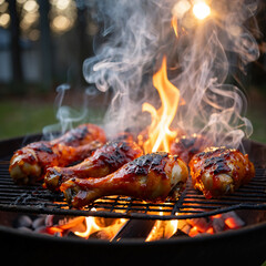 evening grilling session with glazed drumsticks and dramatic smoke effects