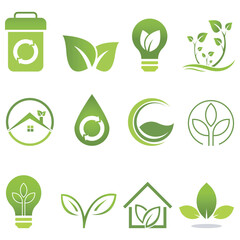 Obraz premium Green Eco Icons Set Sustainability Recycle Eco Friendly Design Environment Nature Clean Energy House Lightbulb Vector