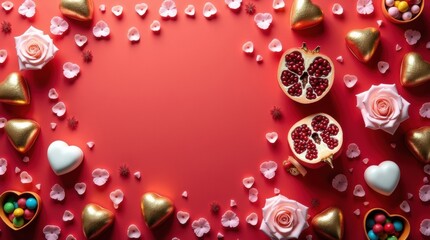 Romantic Valentine's Day flat lay with golden hearts, pink roses, pomegranate halves, and pastel candy against a vibrant red backdrop