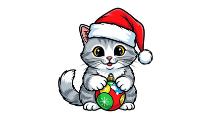 Holiday Kitten's Cheer: A charming, wide-eyed kitten, donning a festive hat, embraces a holiday ornament, spreading joy and merriment.