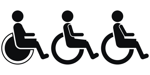 Black wheelchair icon vector illustration for accessibility, disability support, handicap signage, ADA compliance, healthcare, hospital, transport, and parking