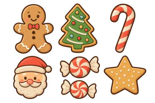 Festive gingerbread and candy decorations for holiday celebration. Set of 6 vector illustration
