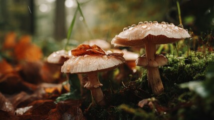 Close-up of Fresh Mushrooms with Water Droplets on Caps Surrounded by Autumn Leaves in a Misty Forest Setting