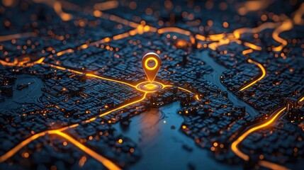 Illuminated digital map with a glowing location pin at its center