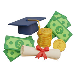 College graduation cap money diploma and coins symbolizing educational investment and financial success