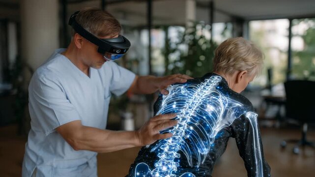 Side view of physiotherapist explaining spinal alignment using augmented reality illustration of spine and pelvis, patient leaning forward, modern clinic environment