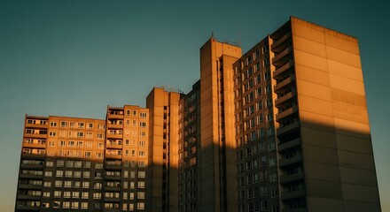 Urban Sunrise - Towering Buildings Bathed in Golden Light.