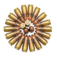 Arrangement of golden brass rifle ammunition cartridges in a circular pattern display