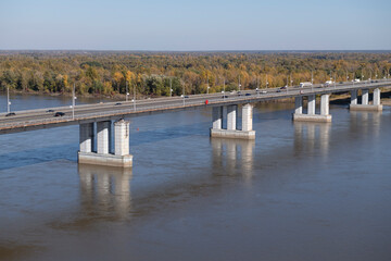 View of the New bridge over the Ob River on a sunny September day. Barnaul, Altai Territory. Russia