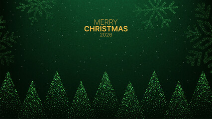 Green christmas vector background with dotted snowflakes and trees. Merry Christmas 2026 winter holiday season greeting card design.