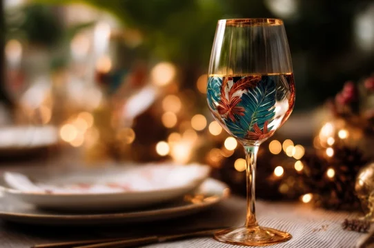 Elegant wine glass on decorated table with holiday glow