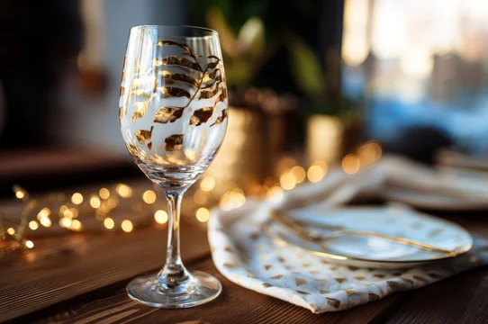 Wine glass mockup with festive pattern and golden lights