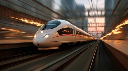 Fototapeta premium High-Speed Train in Motion on Urban Tracks at Dusk with Blurred Background, Capturing Speed and Modern Transportation Dynamics
