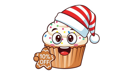 Festive cupcake with Gingerbread Offer: A cheerful cupcake adorned with a Santa hat gleefully showcases a gingerbread cookie offering a 10% discount, embodying festive spirit.