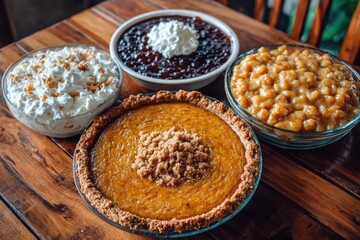 Traditional Pumpkin Pie with Whipped Cream and Apple Crisp with Berries on Wooden Table