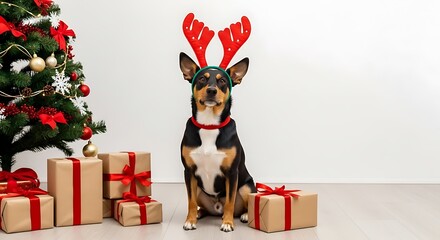 Adorable dog wearing reindeer antlers celebrates Christmas with presents and tree