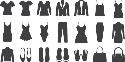 Clothing Icon Set, Fashion Silhouettes, Shirt Dress Jacket Shoes Handbag Apparel Accessories Wardrobe Vector Illustration