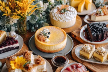 Assorted Cakes and Pastries on Wooden Table with Floral Decorations