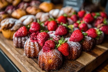 Fresh Strawberry Topped Pastries on Wooden Display at Market