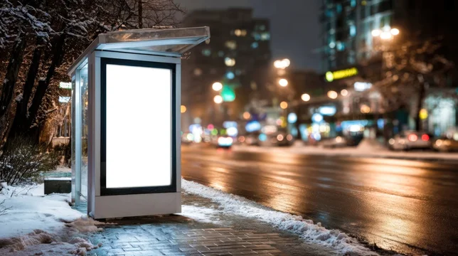 Snowy city street with glowing lights and festive ad banner