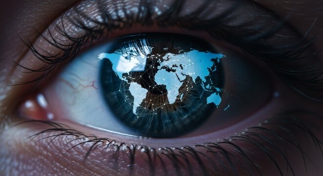 Global Vision Human Eye Reflecting World Map Network Concept