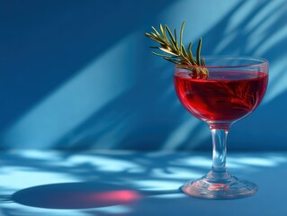 Elegant Red Cocktail Glass with Rosemary Garnish on Blue Background