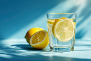 Refreshing Lemon Water with Sliced Lemons in Clear Glass on Bright Blue Surface