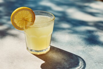 Refreshing Lemonade Glass with Lemon Slice on Beachside Surface