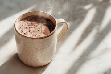 Hot Coffee Mug Steaming in Sunlit Scene with Natural Light and Soft Shadows