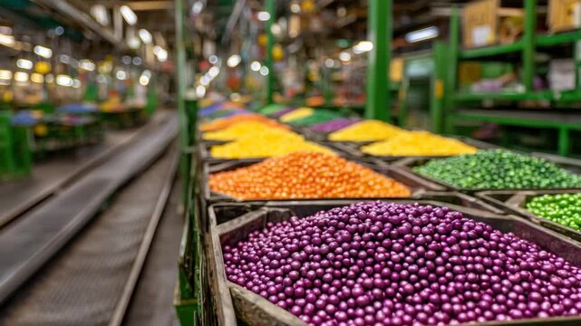 Vibrant display of multi-colored polymer pellets in factory trays, symbolizing raw material for diverse plastic production