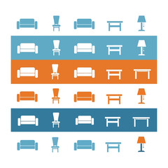 Furnishing Selection: An array of furniture icons, meticulously arranged against contrasting stripes. This composition is an ode to interior design and home decor