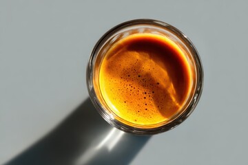 Top View of Fresh Brewed Coffee in Clear Glass Cup on Light Gray Surface