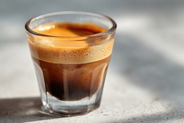Rich Dark Espresso Coffee in Clear Glass on White Surface with Bright Natural Light