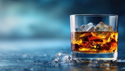 Glass of Whiskey with Ice Cubes on Blue Surface in Cool Lighting