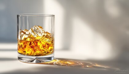 Glass of Whiskey with Ice Cubes on White Surface in Bright Natural Light