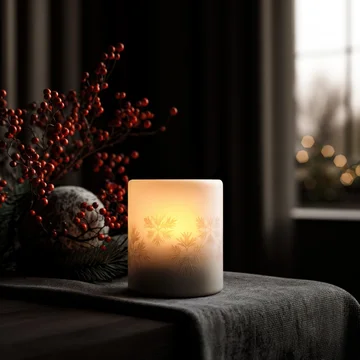 Cozy interior with Christmas candle shining in gentle darkness