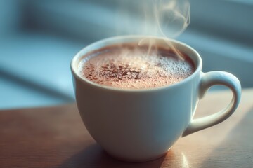 Hot Coffee in White Mug Steam Rising Cozy Morning Scene Warm Beverage