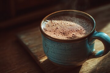 Ceramic Coffee Mug Filled with Frothy Hot Chocolate on Wooden Surface in Warm Light