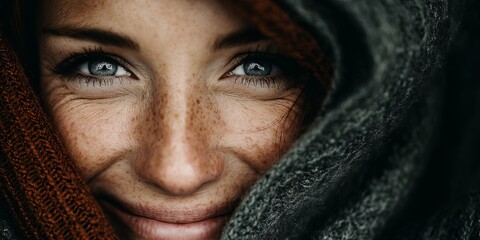 Fototapeta premium Woman with blue eyes and red hair is smiling
