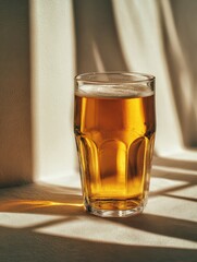 Glass of Amber Beer Sitting on White Surface with Sunlight Shadows in Bright Indoor Setting